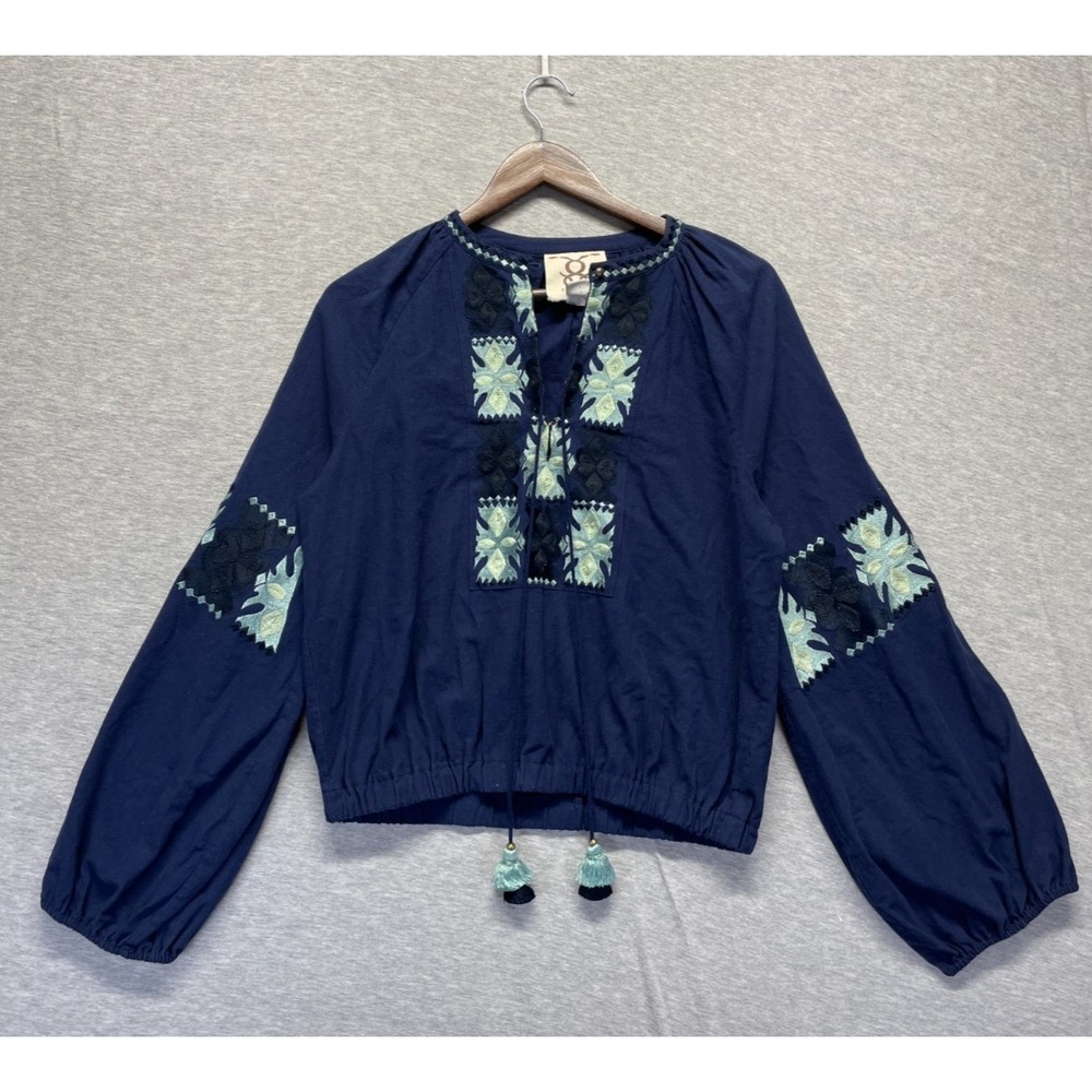 Figue Peasant Blouse Top Women Medium Navy Blue Embroidered Floral Tassel Detail